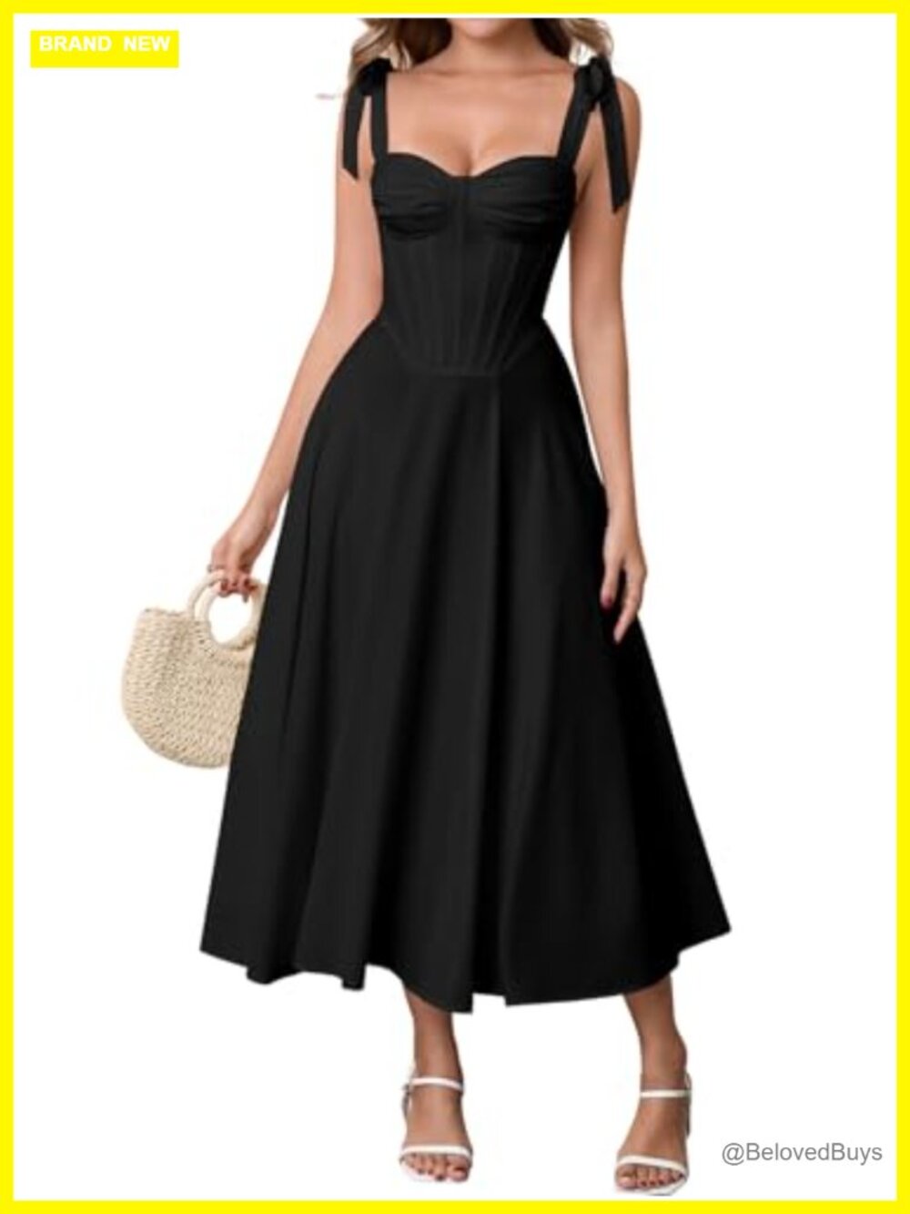 Women's Summer Corset Midi Dress Floral Bow Strap A-Line